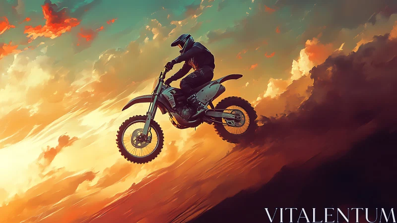 Motocross rider launches over sunset desert ridge sky