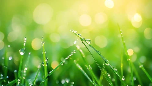 Close-up of wet grass blades with dew in soft green light.