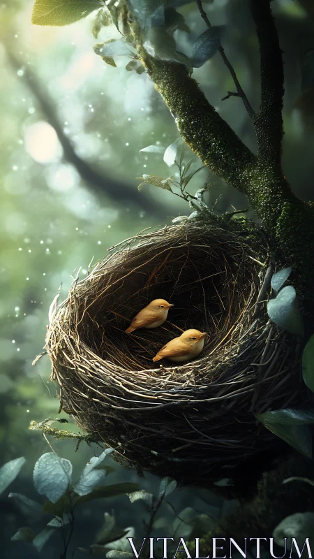 Photorealistic arboreal nest with juvenile passerines rendered.