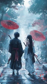 Samurai pair under vermilion umbrellas in rain-swept street.