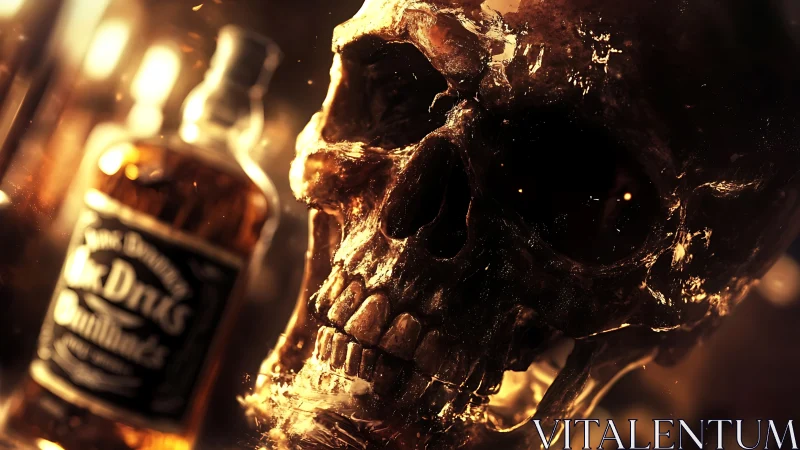Gritty golden skull gleams beside a bold whiskey bottle