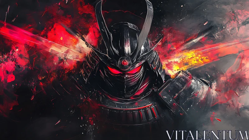 Dark cyber samurai ignites battle aura in blazing crimson storm.