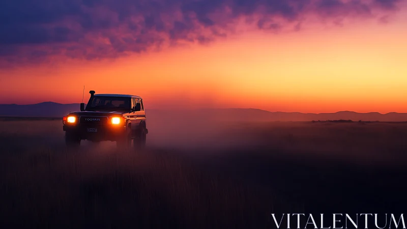 Off-road truck cuts dusk horizon under blazing sunset sky.
