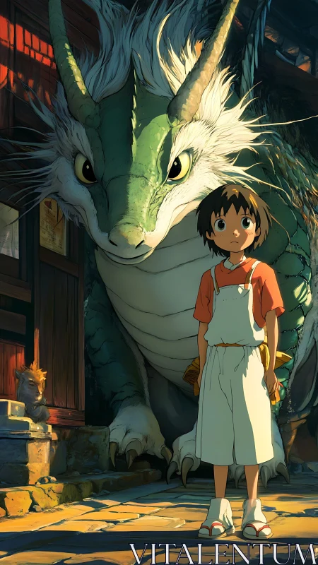 Young adventurer stands bravely before loyal forest dragon