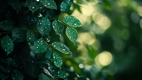 Macro foliage with rain droplets and shallow bokeh field.