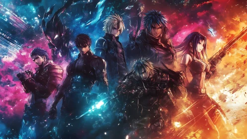 Cybernetic anime strike team emerges in polarized nebular light