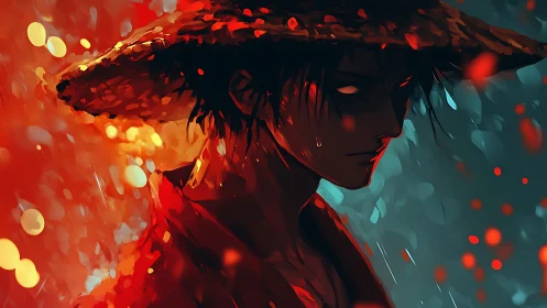 Stoic samurai silhouette in red blue bokeh lighting contrast