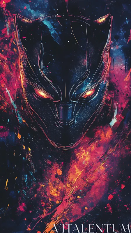 Ferocious neon panther mask amid explosive cosmic fire.