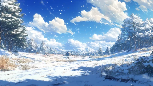 High‑latitude winter meadow with alpine horizon and drifting snowfield.