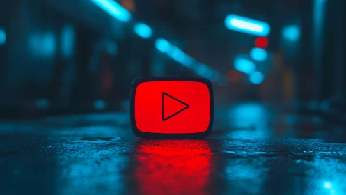 Red play button icon glowing on wet urban surface