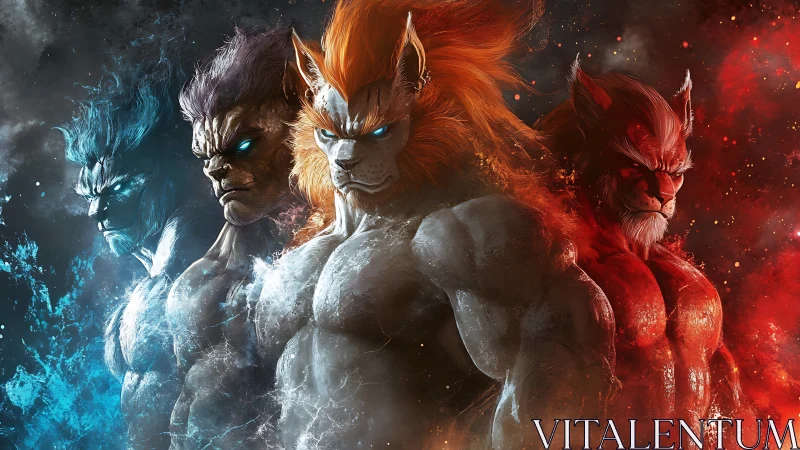 Elemental lion warriors stand united in swirling cosmic fire.