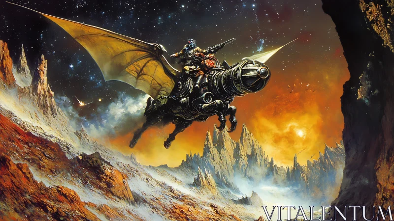 Warrior astride rocket-dragon soars above alien badlands.