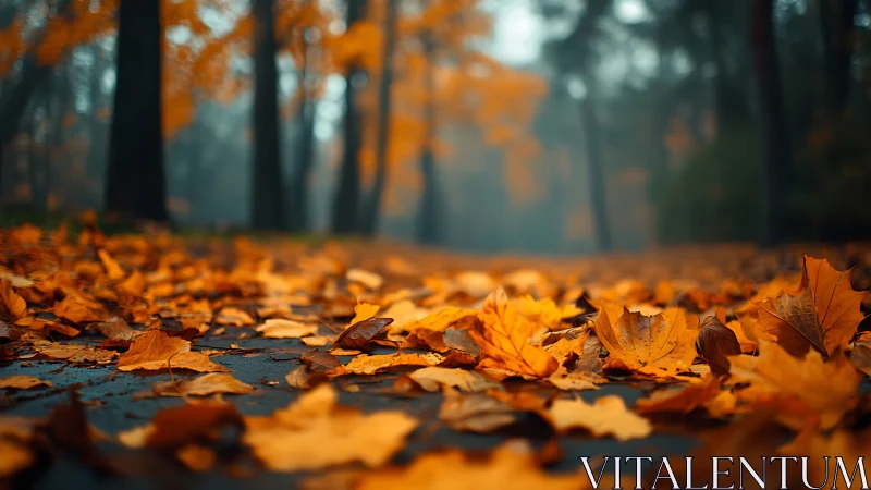 Shallow depth-of-field autumn leaves scattered across wet path
