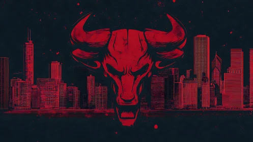 Red stylized bull head over dark city skyline at night.