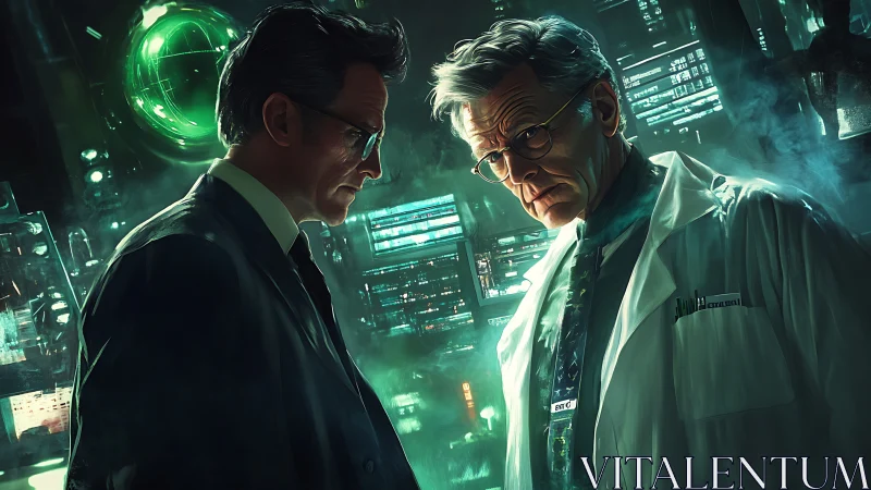 Two older scientists confront each other in neon lab
