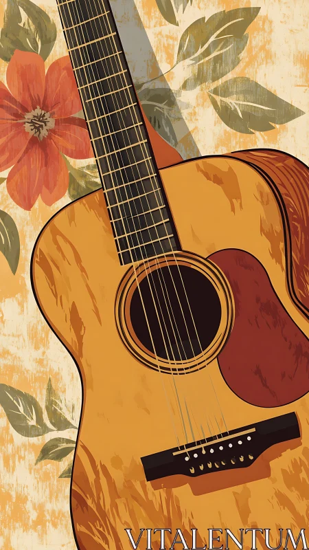 Vintage acoustic guitar over warm floral backdrop.