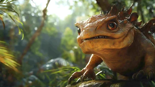 Curious forest lizard-creature basking in soft jungle light.
