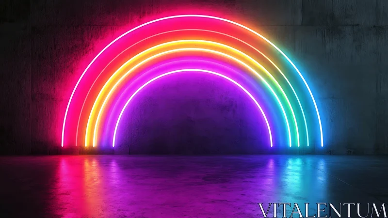 Neon rainbow halo bends night into glowing urban promise.