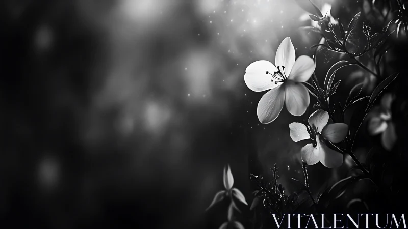 Monochromatic petaled flowers with delicate stamen detail and atmospheric bokeh blur