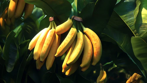 Sunlit jungle bananas glowing in lush emerald cradles.