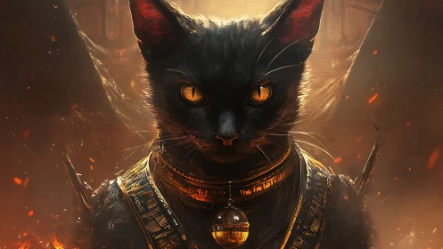 Regal black cat deity rendered with molten backlighting and embers