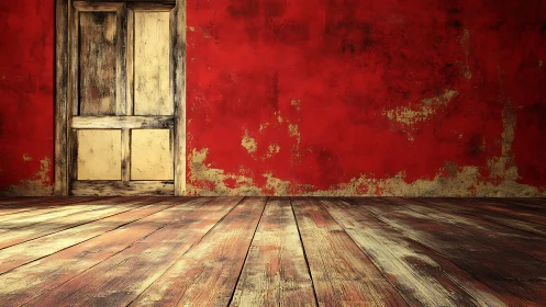 Weatherworn wooden doorway against a scarlet peeling wall.