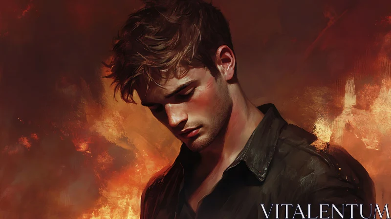 Brooding young man stands before fiery abstract backdrop