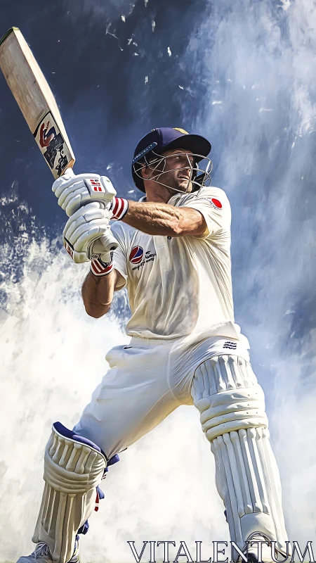 Bold cricket batter holds a powerful shot under bright sky