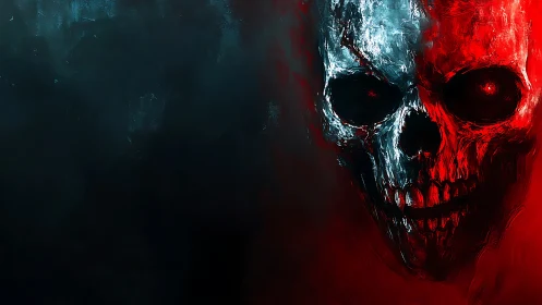 Bipartite skull portrait divides frame with red and blue contrast