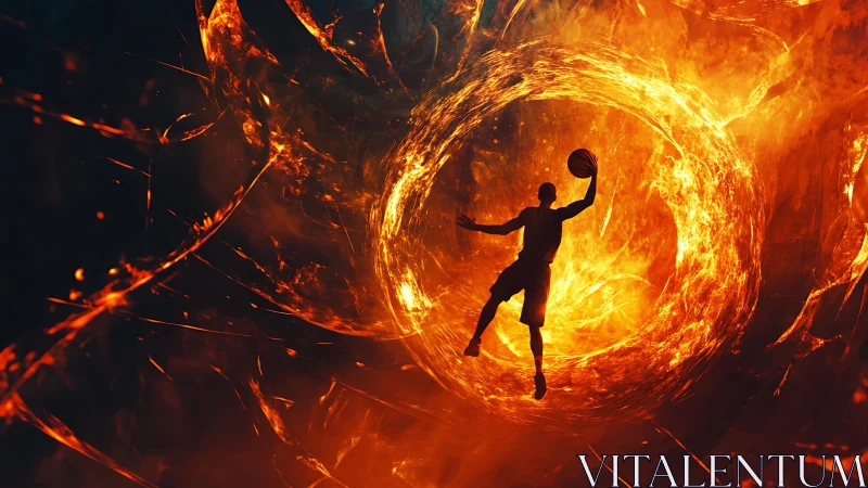Silhouette basketball player jumps through blazing fire vortex