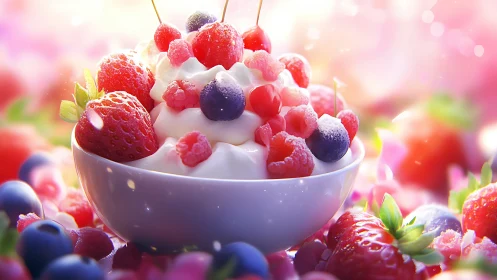 Berry whipped dreamscape in glowing pastel dessert light.
