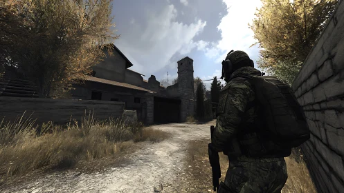 Tactical soldier in rural compound under overcast daylight.