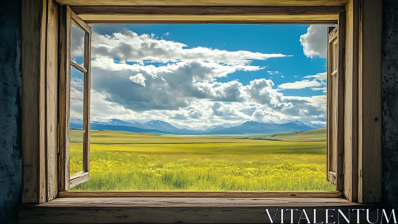 Open wooden window framing wide meadow and distant mountains.