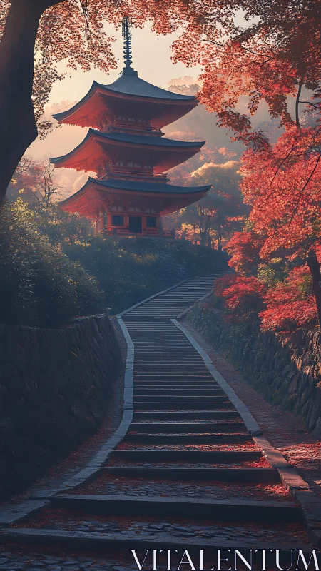 Scarlet temple path ascending through misty autumn hush.