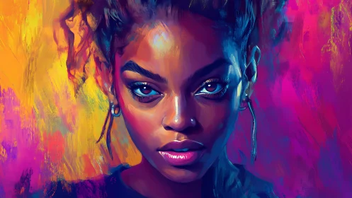 Electric gaze cuts through neon storms of painted light