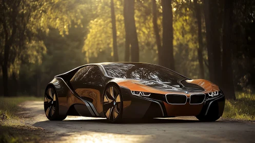 Sunlit forest lane crowns a futuristic orange-black supercar