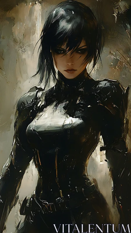 Cybernetic warrior stands in painterly shadows, poised to strike