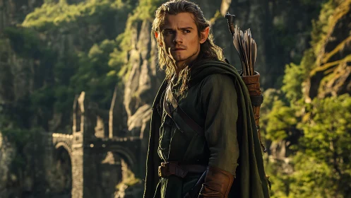 Photorealistic elven ranger portrait in sunlit mountain gorge.