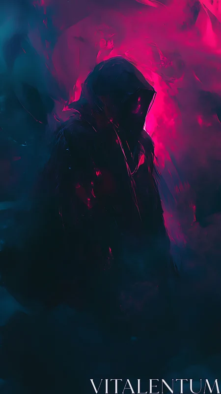 Hooded figure emerges in neon mist and shifting darkness.