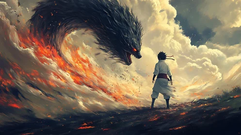Stormfire beast confronting lone warrior in swirling sky.
