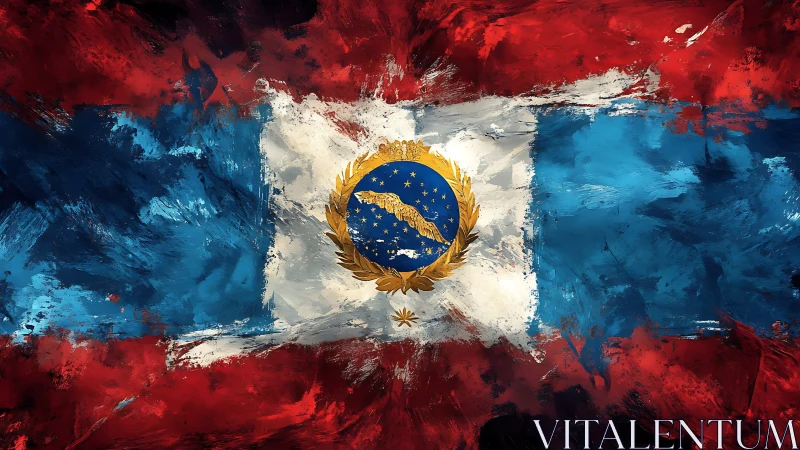 Brushstroke flag with soaring eagle and celestial emblem.