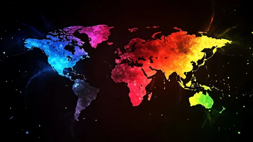 Chromatic world map silhouette in radiant digital painting style.