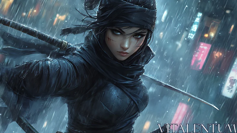 Steely-eyed ninja stalks neon city streets in the rain