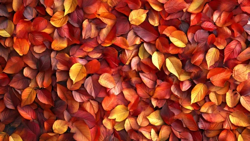 Dense surface of overlapping red and yellow autumn leaves.