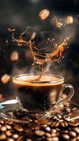 Coffee splash motion above glass cup with beans scattered.
