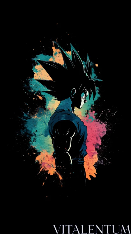 Silhouetted Saiyan contemplates within exploding nebula paint