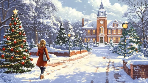 Winter campus courtyard with woman and decorated Christmas trees