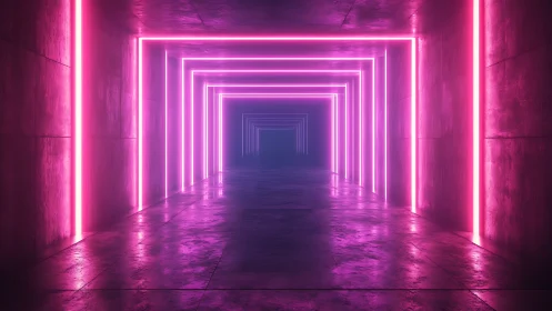 Neon vanishing tunnel with recursive rectilinear light frames.
