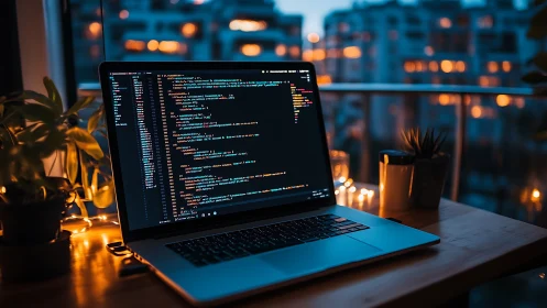 Laptop displays color-coded source code in dim balcony workspace
