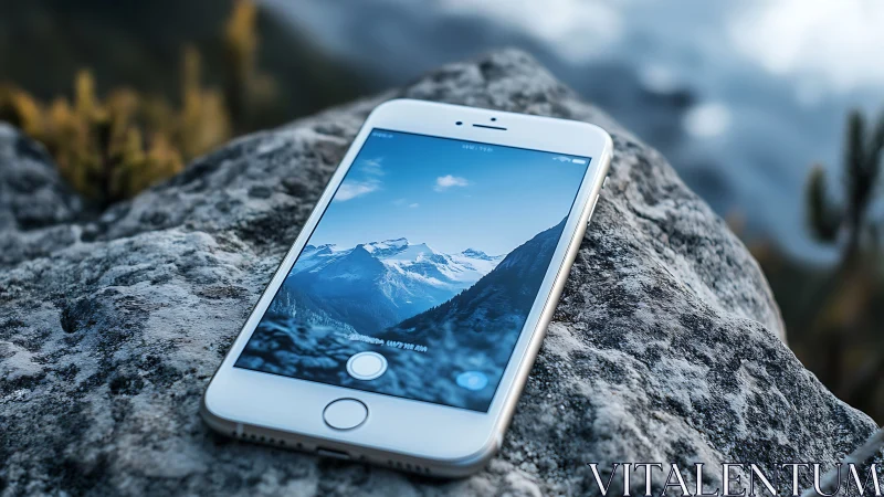 White iPhone captures snow-capped mountain landscape.